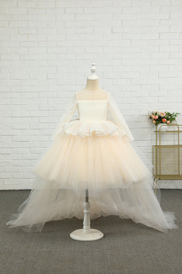 Vestido de menina flor de damasco alto-baixo com arco